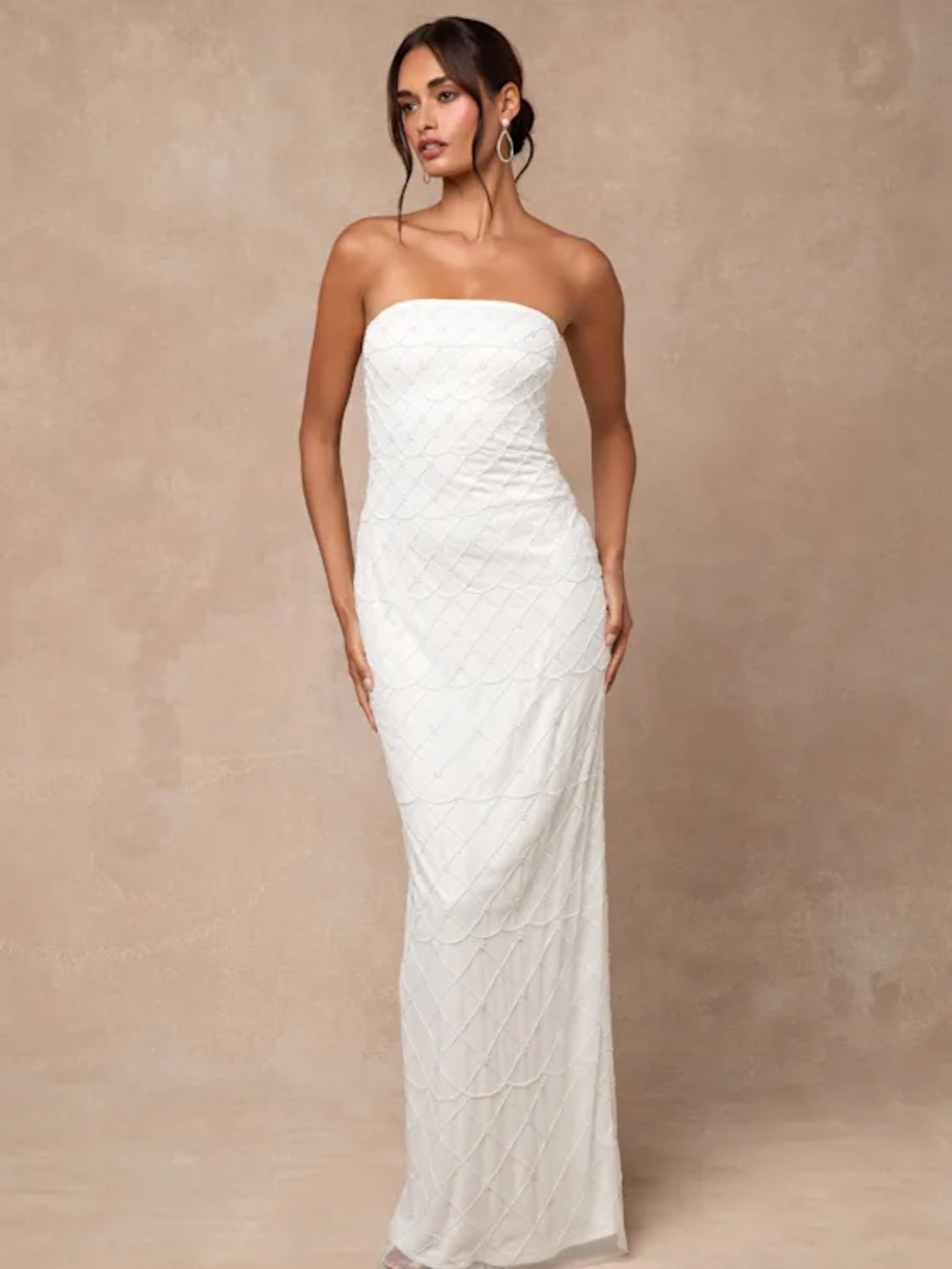Lulu's White Strapless Beaded Column Gown